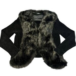 Lisa International Womens Black Faux Fur Open Front Cardigan Sweater M